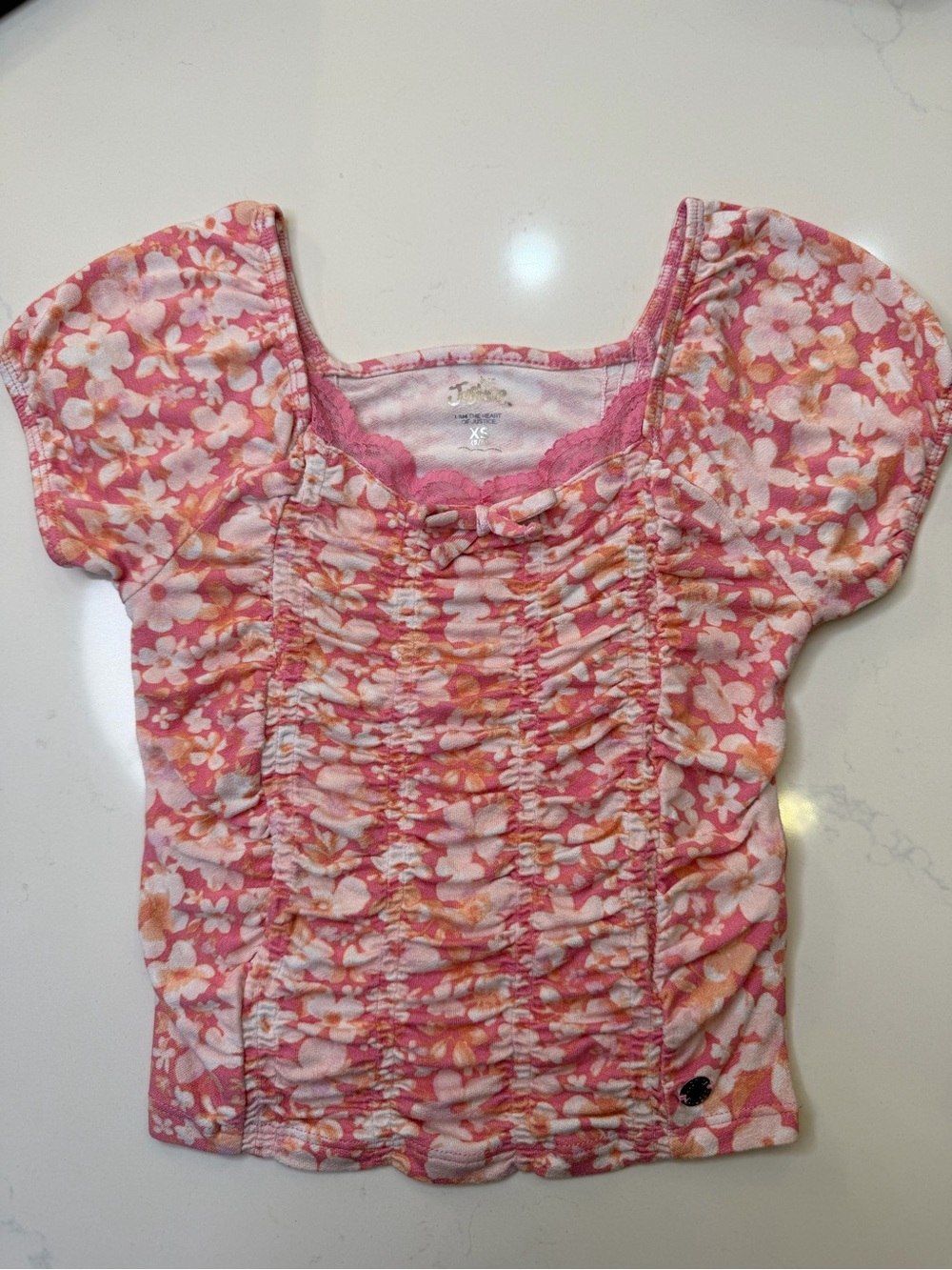 Justice Girls Floral Ruched Top Size XS 5/6 Pink Puff Sleeve Cottagecore Shirt